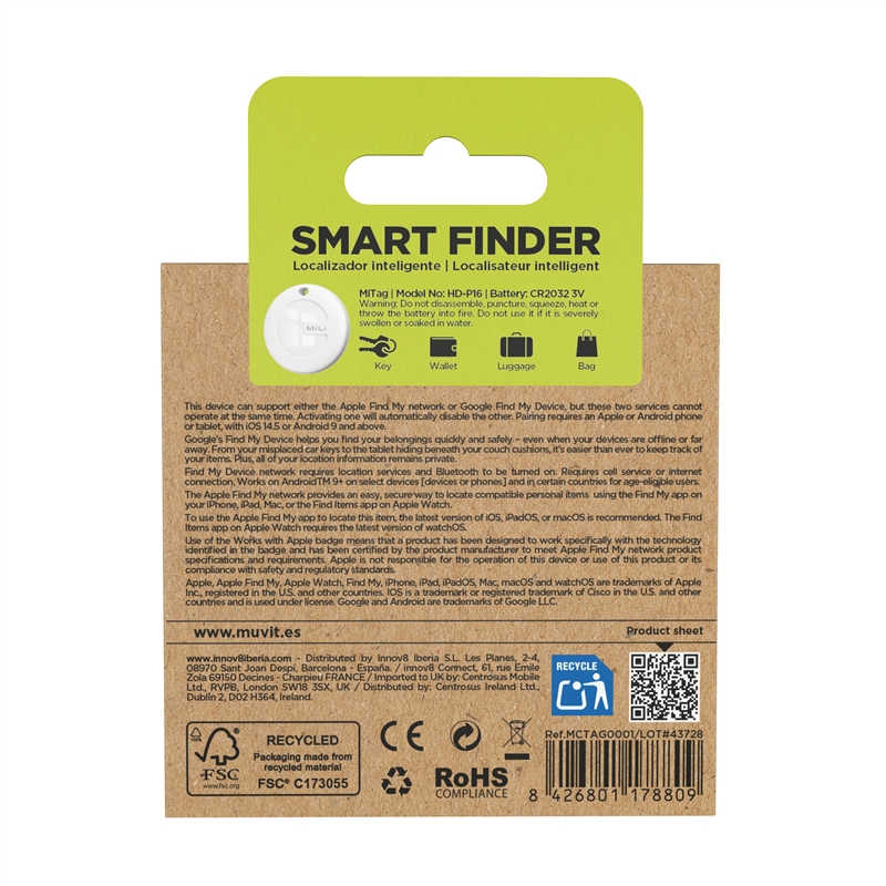 muvit for change by MiLi Localizador compatible con Apple Find My y Google Find My Device blanco