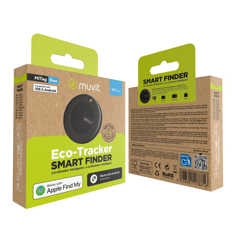 muvit for change by MiLi Localizador compatible con Apple Find My y Google Find My Device negro