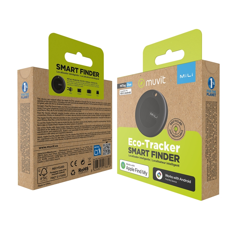 muvit for change by MiLi Localizador compatible con Apple Find My y Google Find My Device negro