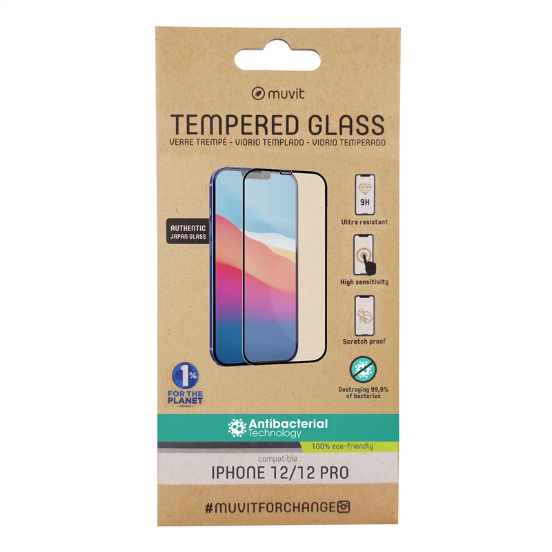 muvit for change protector pantalla compatible con Apple iPhone 12/12 Pro vidrio templado marco negro antibacteriano