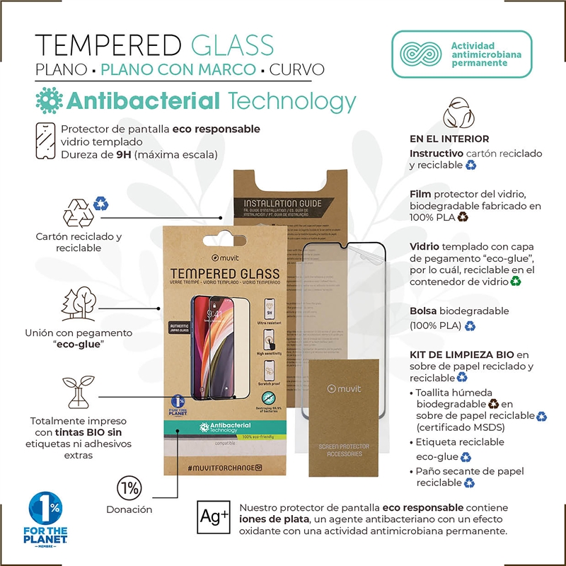 muvit for change protector pantalla compatible con Applel iPhone 12 Pro Max vidrio templado marco negro antibacteriano