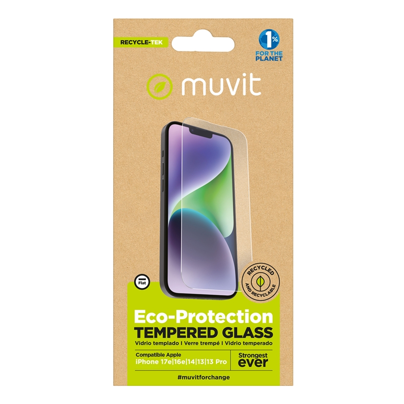 muvit for change protector pantalla compatible con Apple iPhone 17e/16e/14/13/13 Pro vidrio templado plano