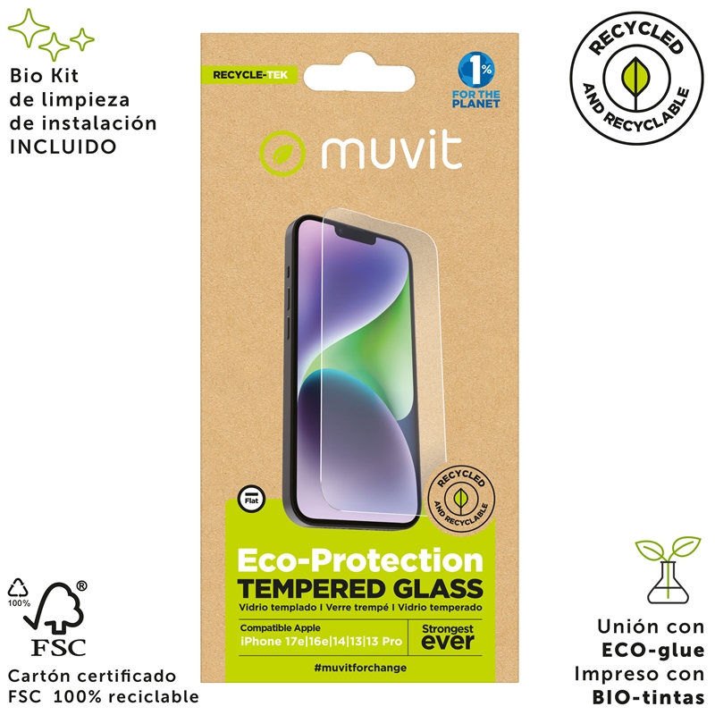 muvit for change protector pantalla compatible con Apple iPhone 17e/16e/14/13/13 Pro vidrio templado plano