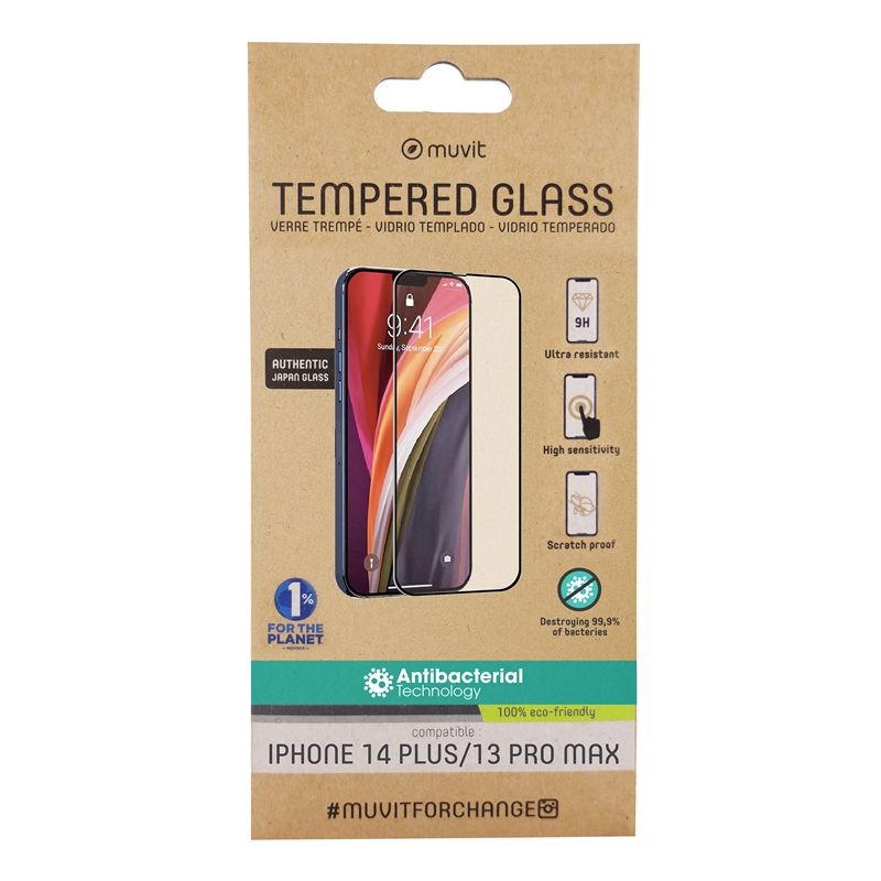 muvit for change protector pantalla compatible con Apple iPhone 14 Plus/13 Pro Max vidrio templado marco negro antibac