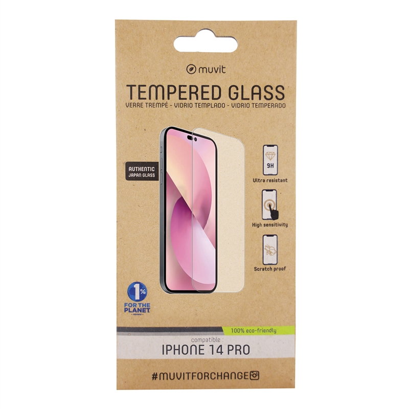 muvit for change protector pantalla compatible con Apple iPhone 14 Pro vidrio templado plano
