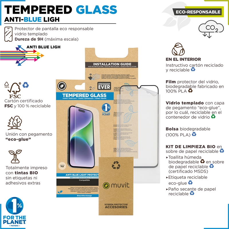 muvit for change protector pantalla anti-blue light compatible con Apple iPhone 15 vidrio templado plano