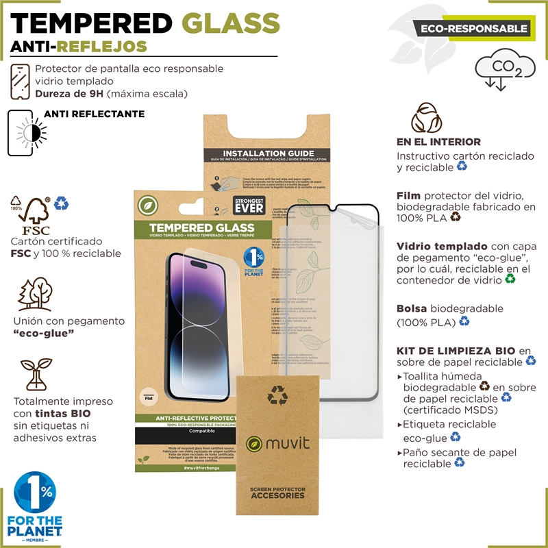 muvit for change protector pantalla anti-reflejo compatible con Apple iPhone 15 Pro vidrio templado plano