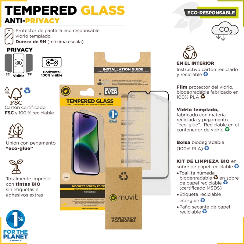 muvit for change protector pantalla privacy compatible con Apple iPhone 15 Pro vidrio templado plano