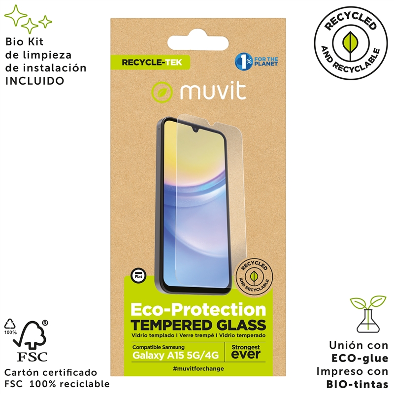 muvit for change protector pantalla compatible con Samsung Galaxy A15 4G/5G vidrio templado plano