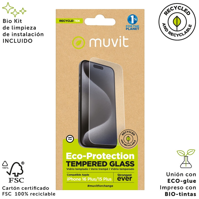 muvit for change protector pantalla compatible con Apple iPhone 16 Plus/15 Plus vidrio templado plano
