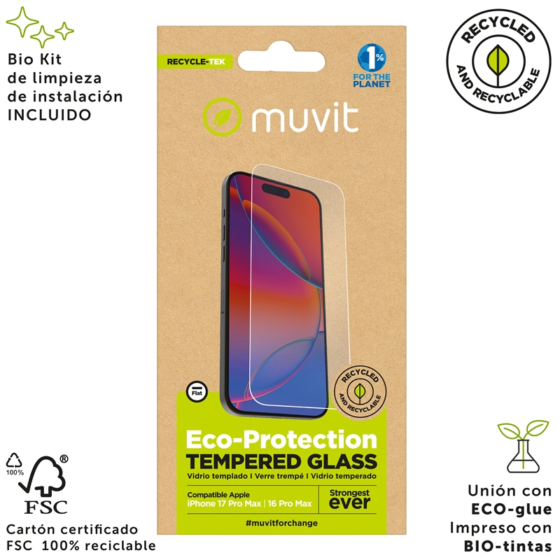 muvit for change protector pantalla compatible con Apple iPhone 17 Pro Max/16 Pro Max vidrio templado plano