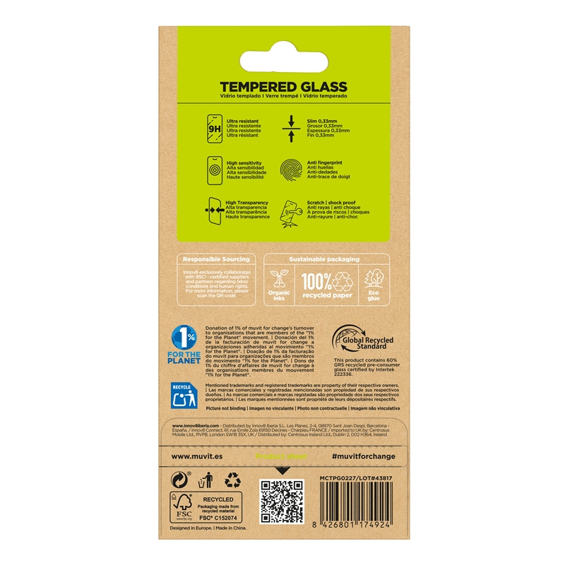 muvit for change protector pantalla compatible con Apple iPhone 17 Pro Max/16 Pro Max vidrio templado plano