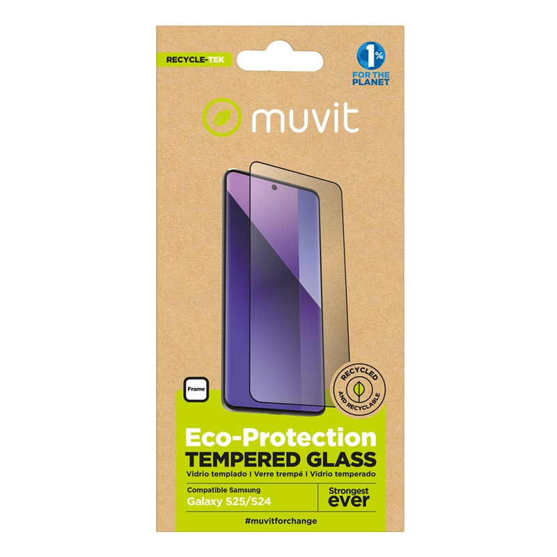 muvit for change protector pantalla compatible con Samsung Galaxy S25/S24 vidrio templado plano marco negro