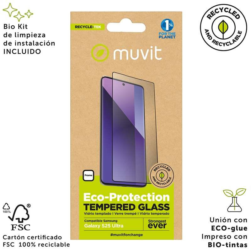 muvit for change protector pantalla compatible con Samsung Galaxy S25 Ultra vidrio templado plano marco negro