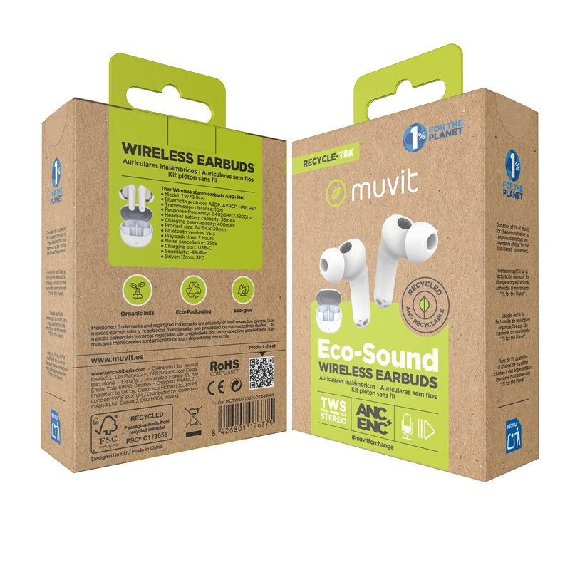 muvit for change auriculares estéreo true wireless ANC+ENC blancos