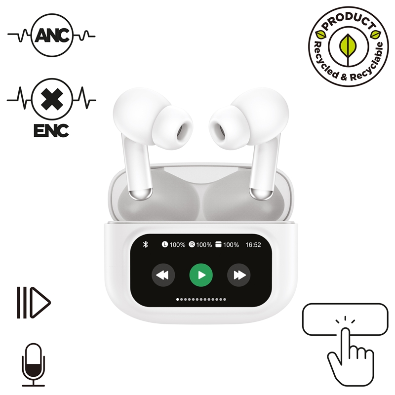 muvit for change auriculares estéreo true wireless con pantalla ANC+ENC blancos