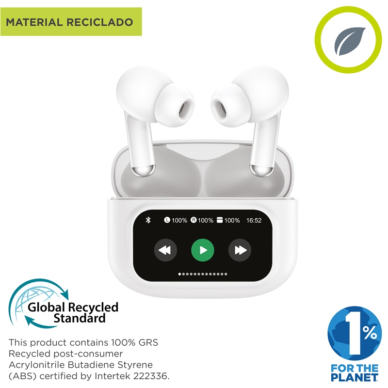 muvit for change auriculares estéreo true wireless con pantalla ANC+ENC blancos