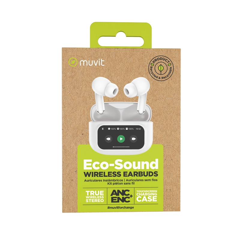 muvit for change auriculares estéreo true wireless con pantalla ANC+ENC blancos