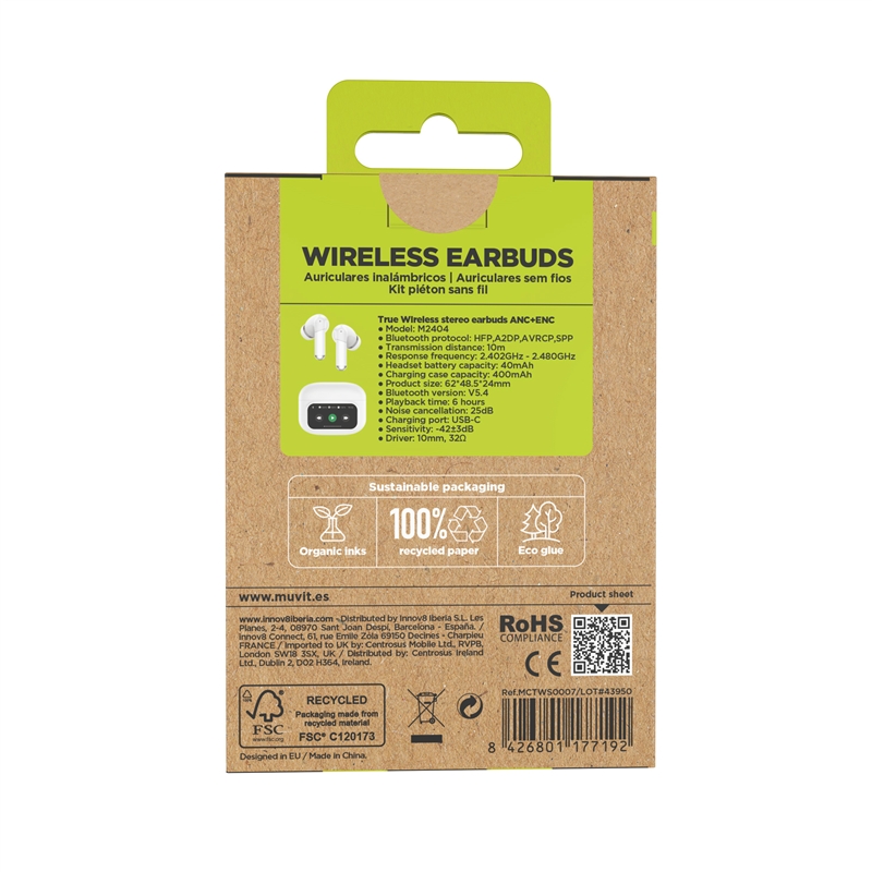 muvit for change auriculares estéreo true wireless con pantalla ANC+ENC blancos