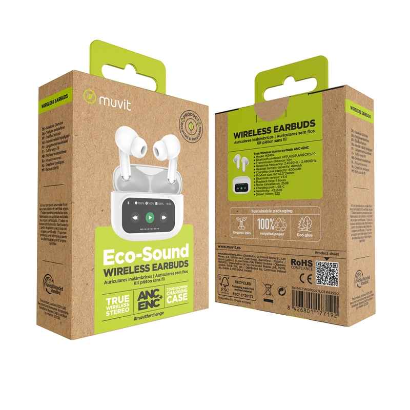 muvit for change auriculares estéreo true wireless con pantalla ANC+ENC blancos