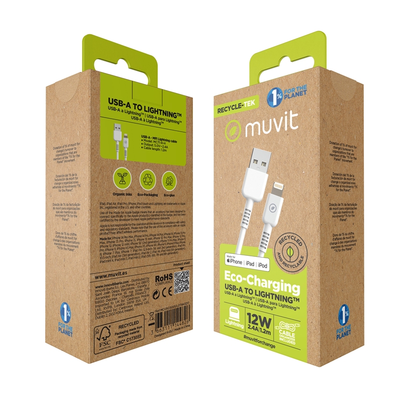 muvit for change cable USB a Lightning MFI 2,4A/12W 1,2m blanco