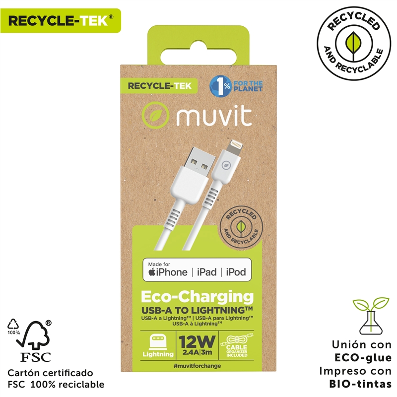 muvit for change cable USB a Lightning MFI 2,4A/12W 3m blanco