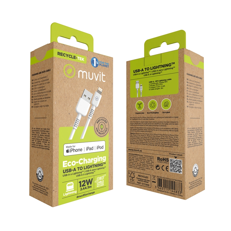 muvit for change cable USB a Lightning MFI 2,4A/12W 3m blanco