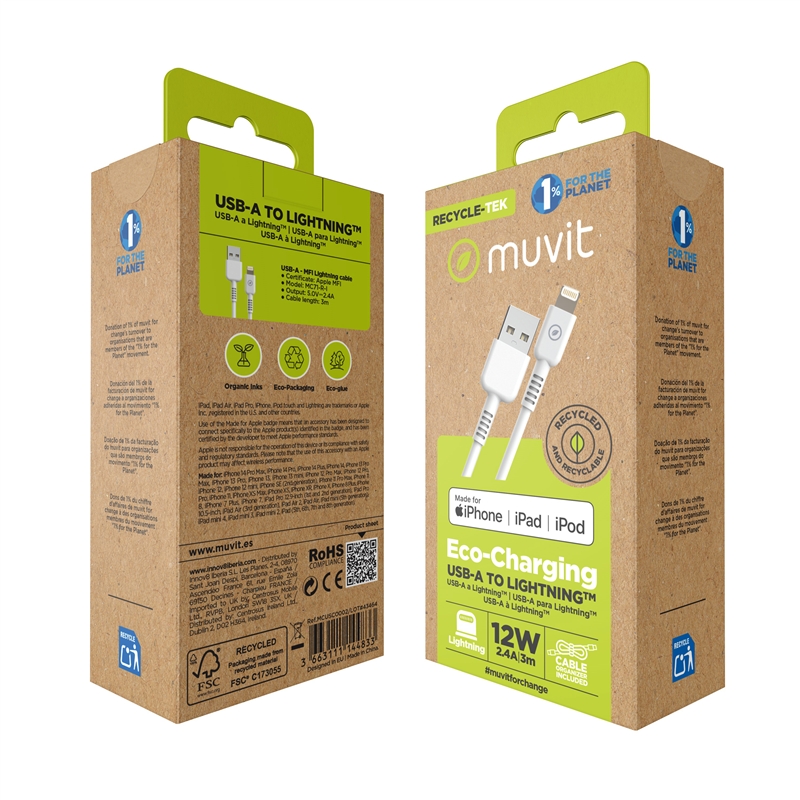 muvit for change cable USB a Lightning MFI 2,4A/12W 3m blanco