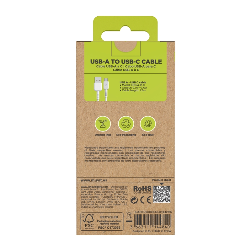 muvit for change cable USB a Tipo C 3A/27W 1.2m blanco