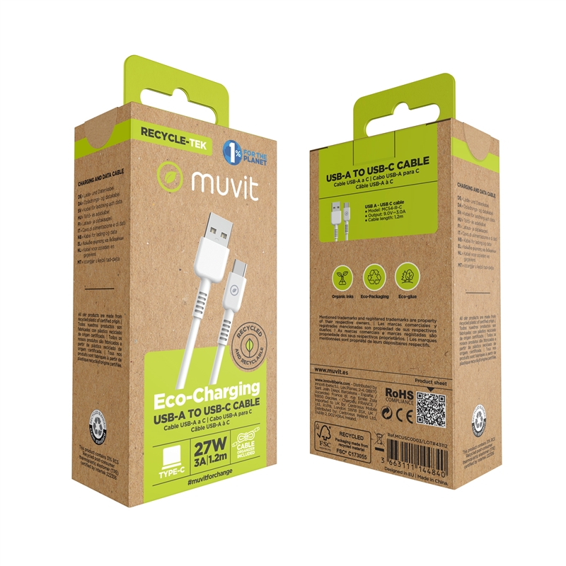 muvit for change cable USB a Tipo C 3A/27W 1.2m blanco