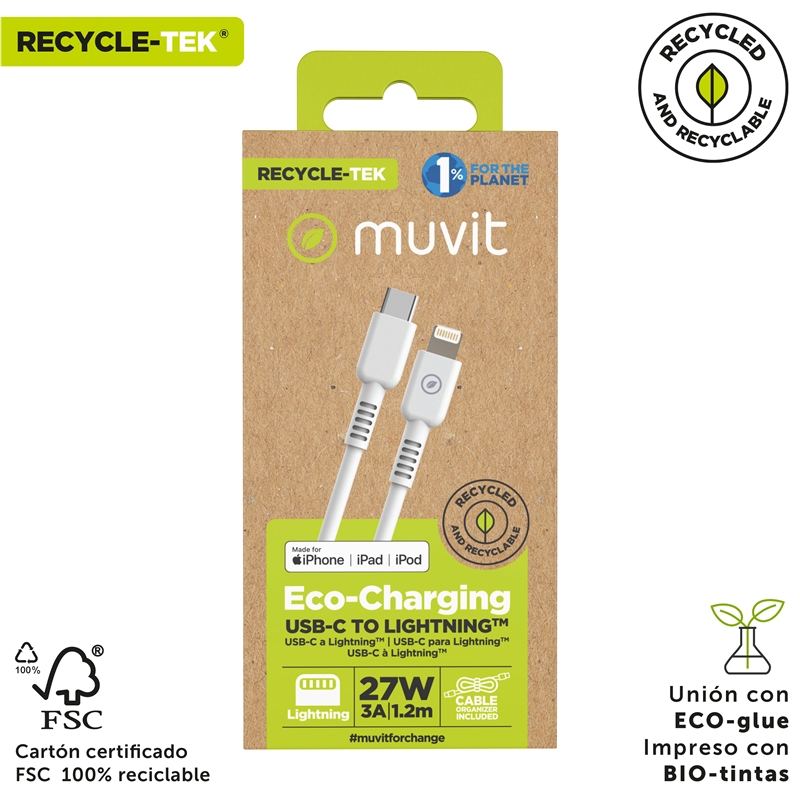 muvit for change cable Tipo C a Lightning MFI 3A/27W 1,2m blanco