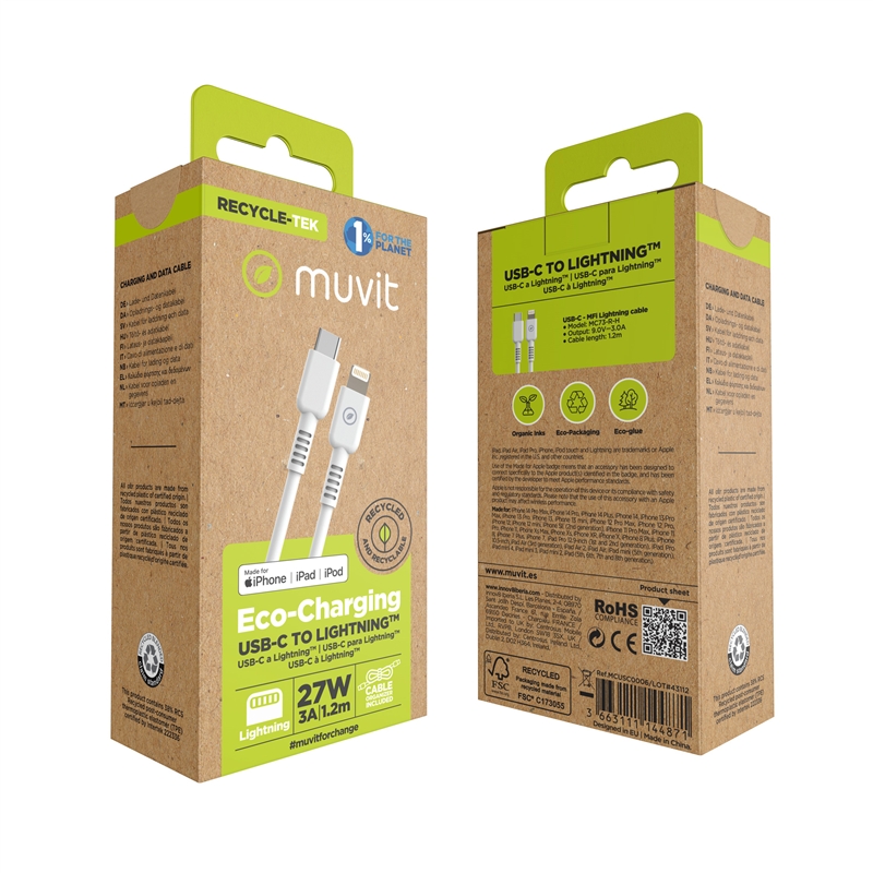 muvit for change cable Tipo C a Lightning MFI 3A/27W 1,2m blanco