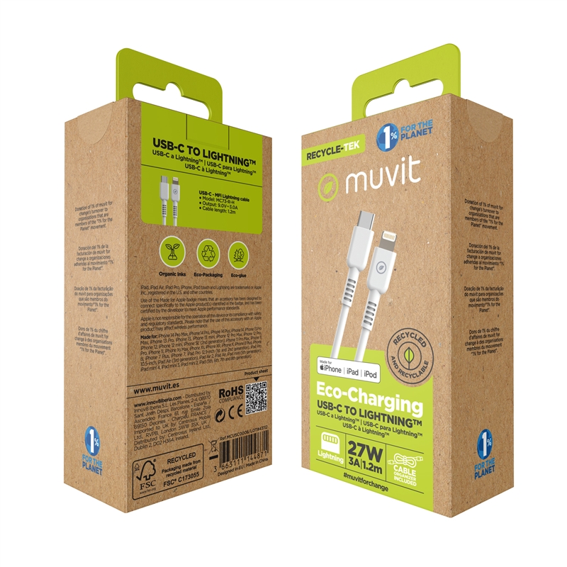 muvit for change cable Tipo C a Lightning MFI 3A/27W 1,2m blanco
