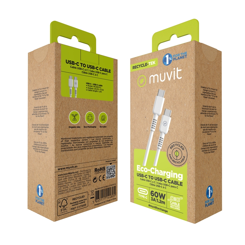 muvit for change cable Tipo C a Tipo C 3A/60W 1.2m blanco