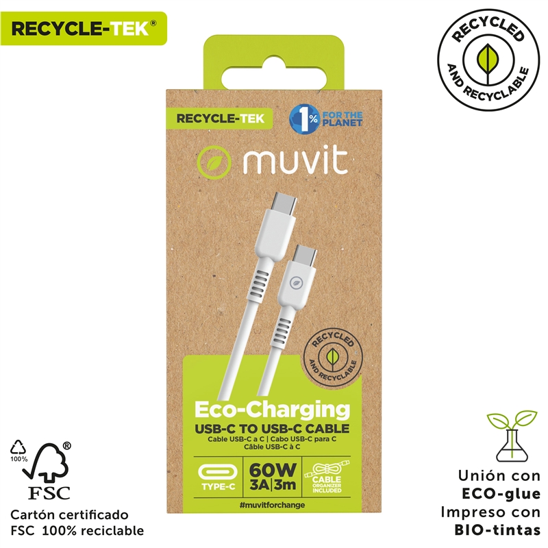 muvit for change cable Tipo C a Tipo C 3A/60W 3m blanco