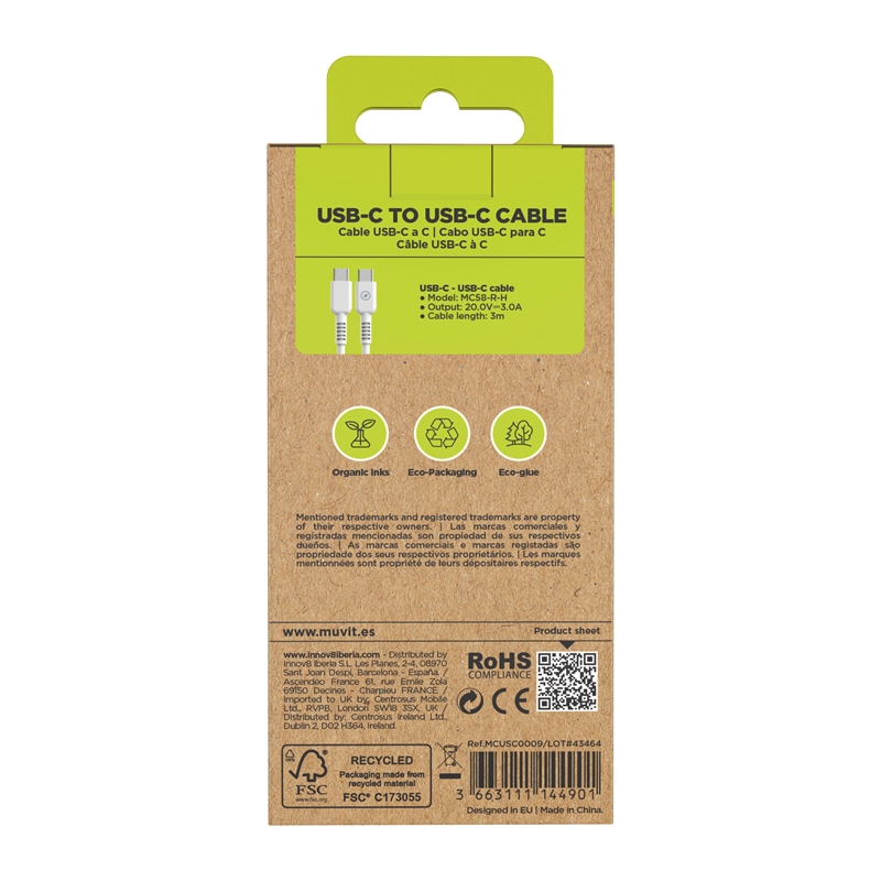 muvit for change cable Tipo C a Tipo C 3A/60W 3m blanco