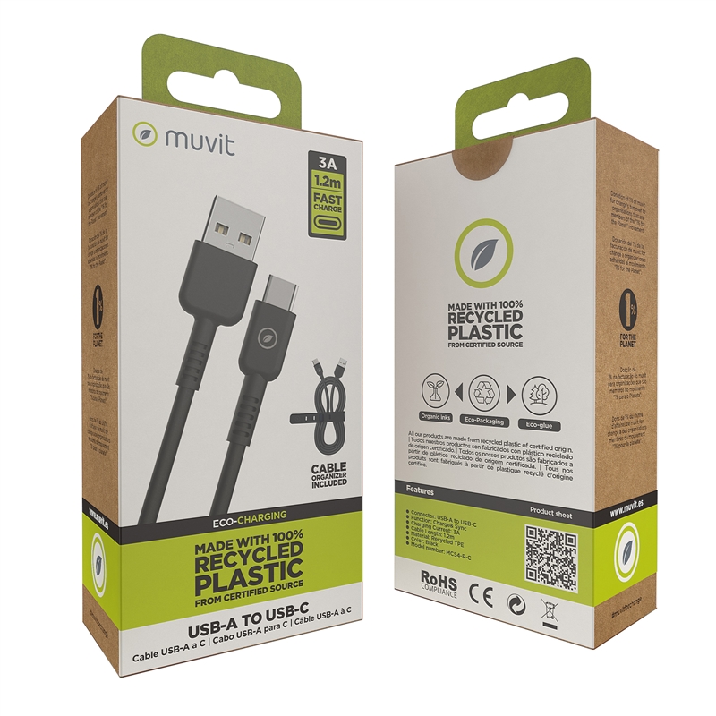 muvit for change cable USB a Tipo C 3A/27W 1.2m negro