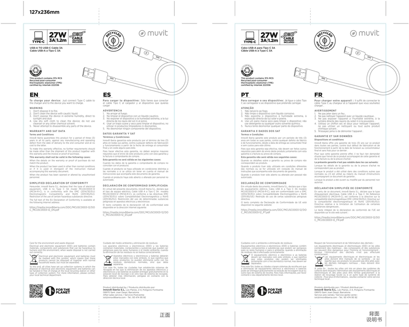 muvit for change cable USB a Tipo C 3A/27W 1.2m negro