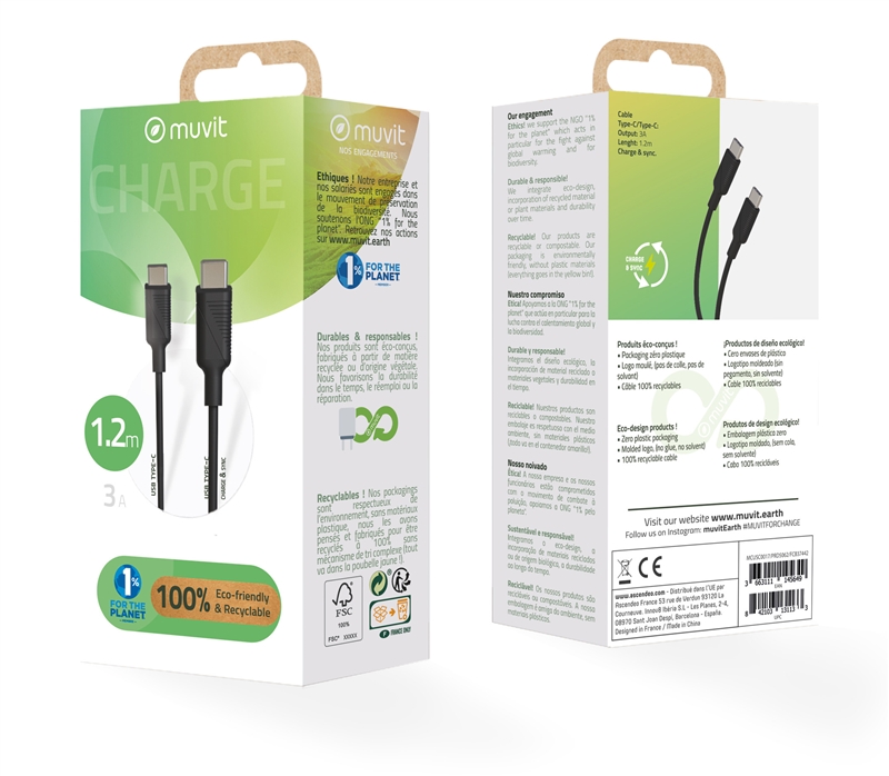muvit for change cable Tipo C a Tipo C 3A/60W 1,2m negro