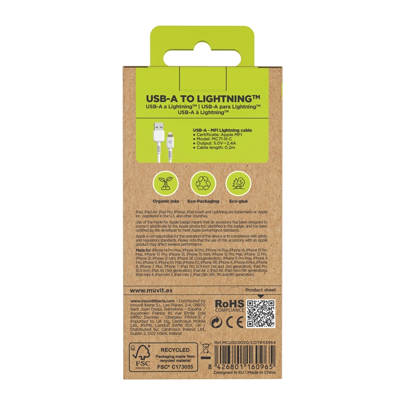muvit for change cable USB a Lightning MFI 2,4A/12W 0,2m blanco