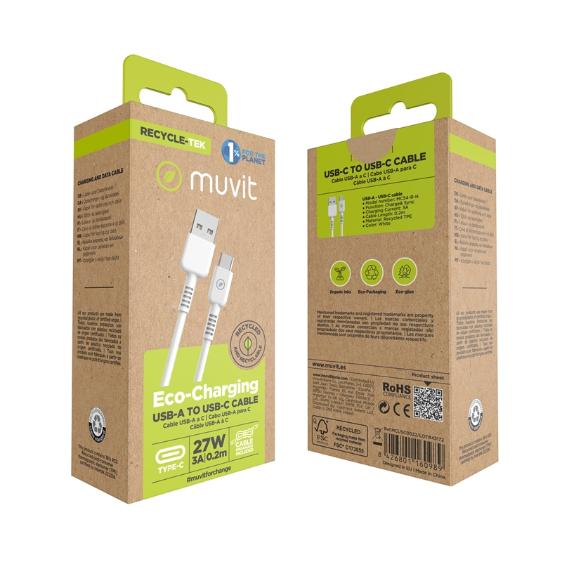 muvit for change cable USB a Tipo C 3A/27W 0.2m blanco