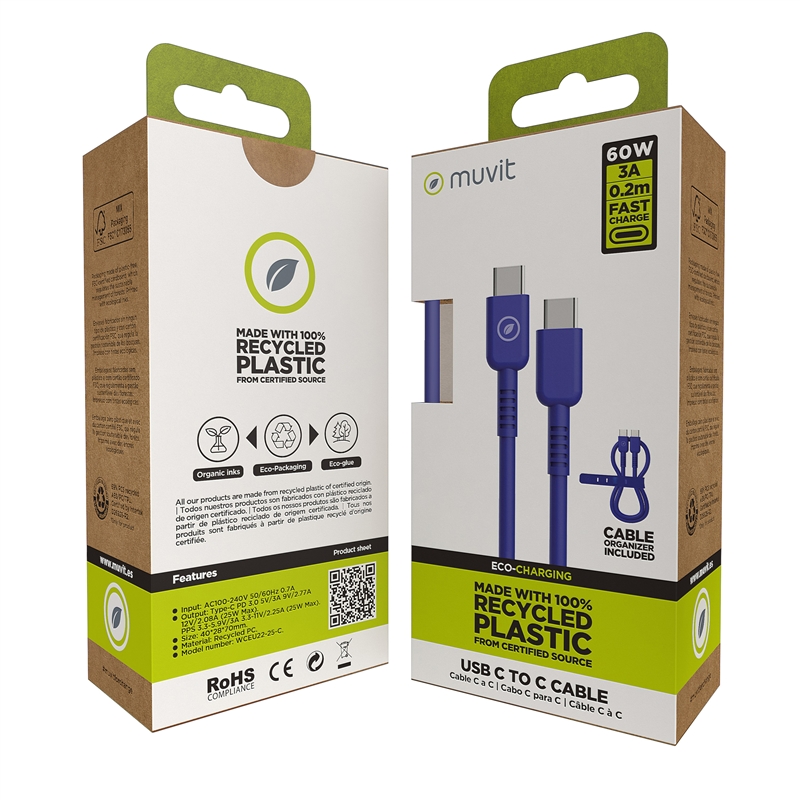 muvit for change cable Tipo C a Tipo C 3A/60W 0.2m azul