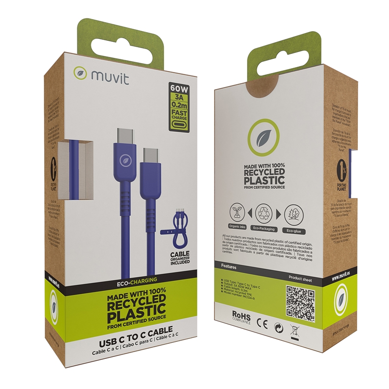 muvit for change cable Tipo C a Tipo C 3A/60W 0.2m azul
