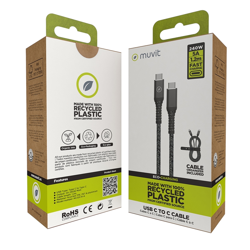 muvit for change cable Tipo C a Tipo C 5A/240W 1.2m resistente negro