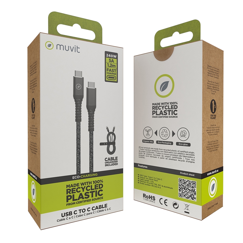 muvit for change cable Tipo C a Tipo C 5A/240W 1.2m resistente negro