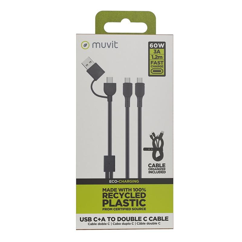 muvit for change cable Tipo C + Tipo A a doble cable Tipo C 3A 60w 1,2m negro