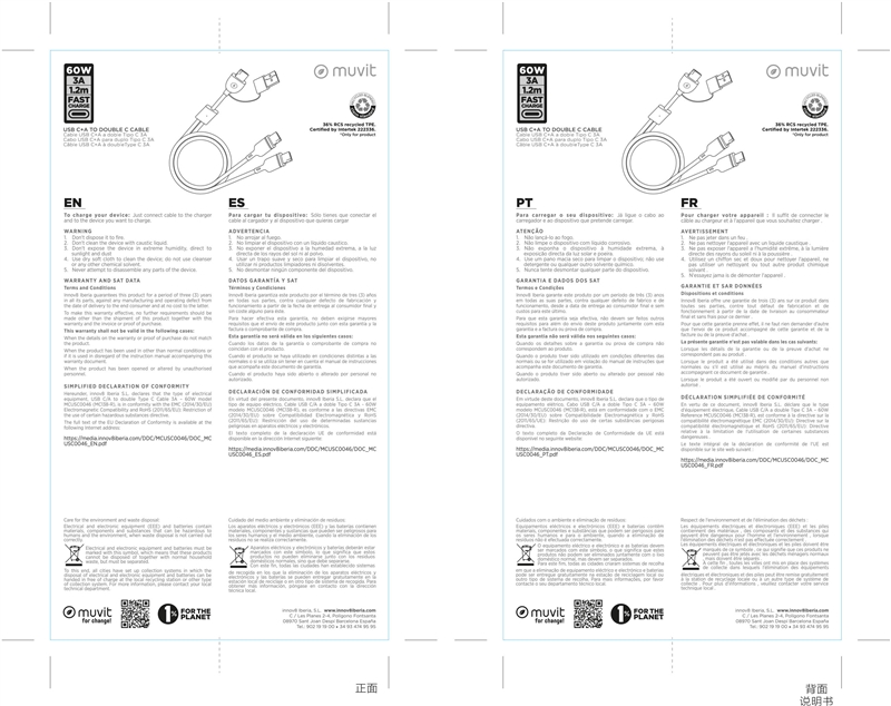 muvit for change cable Tipo C + Tipo A a doble cable Tipo C 3A 60w 1,2m negro