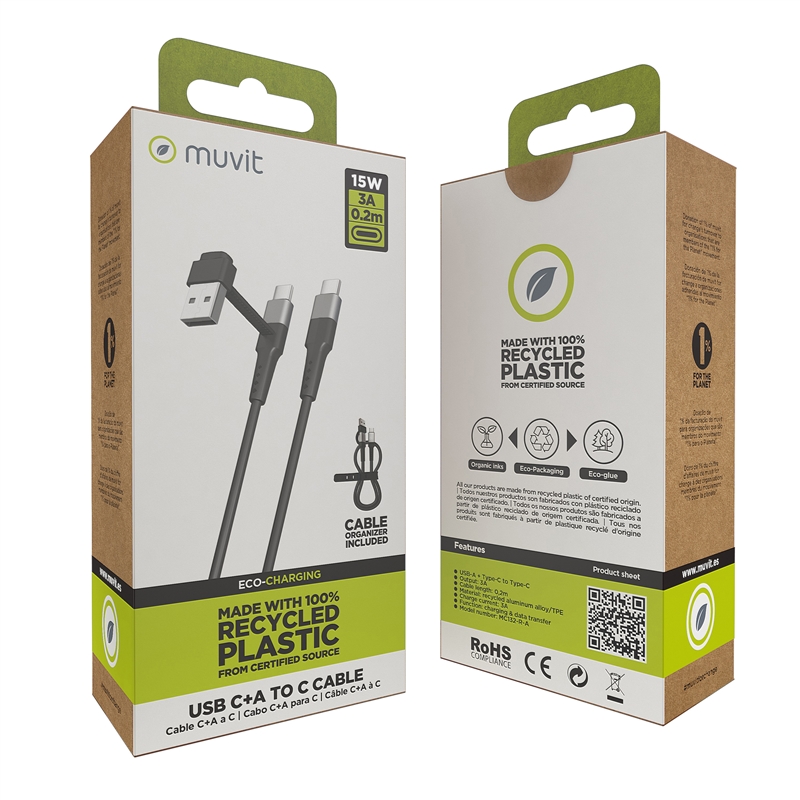 muvit for change cable Tipo C + Tipo A a Tipo C 3A 15w 0,2m negro