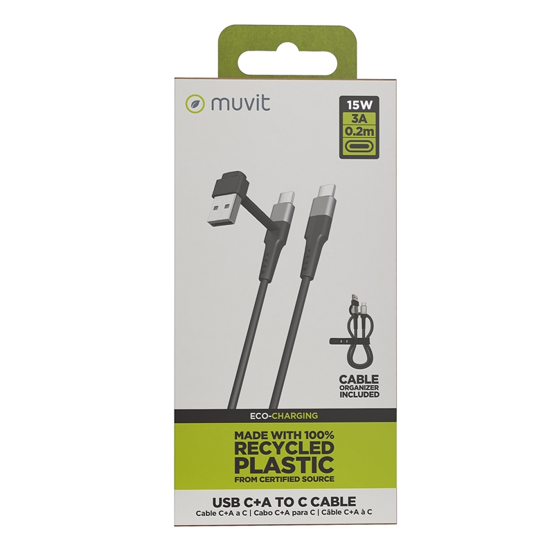muvit for change cable Tipo C + Tipo A a Tipo C 3A 15w 0,2m negro