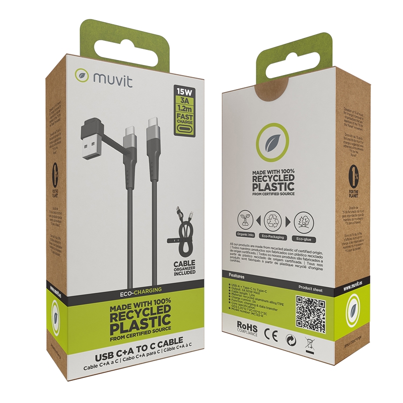 muvit for change cable Tipo C + Tipo A a Tipo C 3A 15w 1,2m negro
